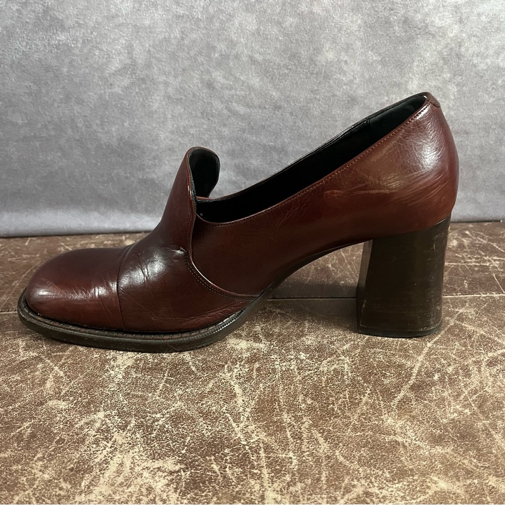 Vintage CHARLES‎ DAVID Brown Leather Block Heels Shoes Womens 37 Made In Italy - Picture 7 of 10